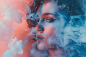 Women faces graphic illustration, horizontal copy space. Girl in abstract smoke and water drops Fashion spa salon advertising.Art design, colorful make up. Over colourful purple, blue background.