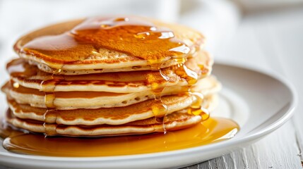 Pancakes with butter and honey syrup on the white plate isolated on a white background