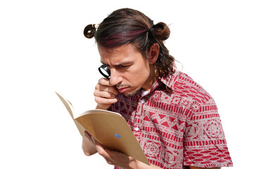a modern man with myopia reading a book with a magnifying glass