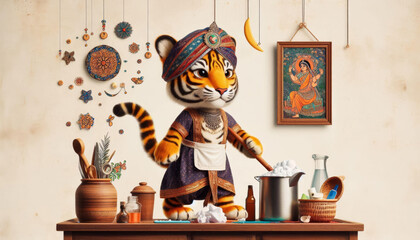Tiger dressed as Indian bai doing household work - Generative AI - obrazy, fototapety, plakaty