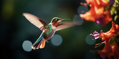 hummingbird in flight, wings oscillating in a frozen moment of motion