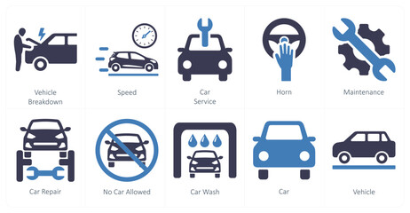 A set of 10 car icons as vehicle, speed, car service