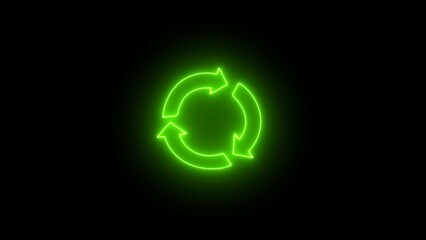 Neon line Refresh 3 arrow sign. Glowing neon recycling circle sign with isolated arrow on black background. Rotation arrows in a circle sign. Vector Illustration.