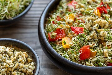 Close up view of alfalfa sprouts and roasted long peppers salad with cashew nut and herbs dressing....