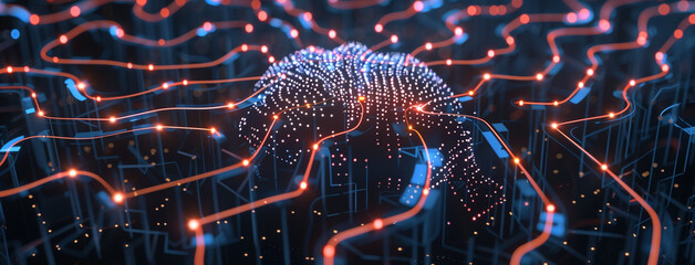 circuit board with circuit, world map, Electronic cyber brain in a quantum computing system, technology, biotechnology and machine learning concept, Neural circuit and electronic cyber brain, Ai