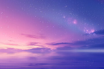 A soft pastel lavender sky at twilight with stars beginning to be visible. A gorgeous purple and pink sunset with countless stars in the azure sky with visible Milky Way