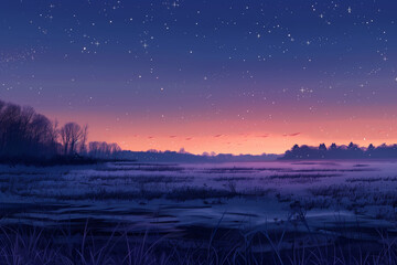 A soft pastel lavender sky at twilight with stars beginning to shine. Sunset painting, lake with...