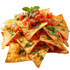 Corn chips nachos with tomato and guacamole isolated on a white background.