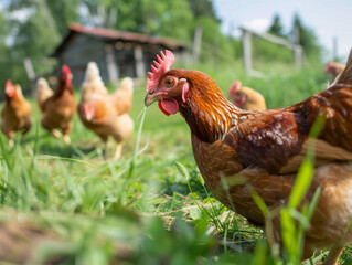 Fototapeta premium A brown hen with a red comb is eating grass in a pasture with other chickens in the background.