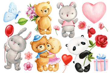 Bunny, Teddy bear, panda with rose and butterfly, Hand painted watercolor illustration isolated background. Cute animal - 788223863