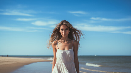 Fototapeta na wymiar Jolie jeune femme d'une vingtaine d'année, marchant sur un plage paradisiaque. Elle porte une belle robe d'été. Plage, mer, vacances, été. Pour conception et création graphique.
