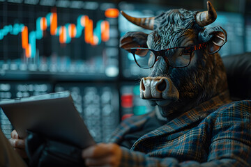 Fototapeta na wymiar A bull wearing a suit sitting on a chair using the tablet for trade stock