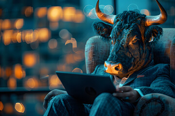 A bull wearing a suit sitting on a chair using the tablet for trade stock