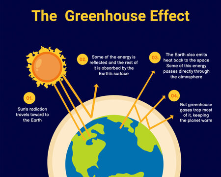 Greenhouse effect and climate change from global warming Diagram showing the greenhouse effect vector illustration