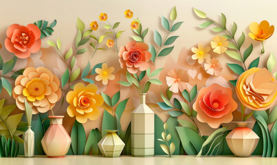 Flowers, wallpaper and background as 3d for art with pastel colors for creativity and visualization. Abstract, artistic and illustration of plant for design or decor with floral, leaves and nature
