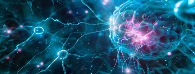 Electronic cyber brain in a quantum computing system, technology, biotechnology and machine learning concept, Neural circuit and electronic cyber brain in a quantum computing system. Futuristic, Ai