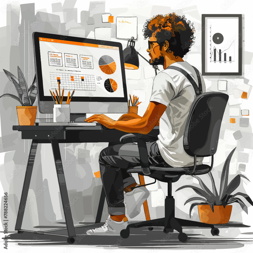 Fototapete illustration of a man working on computer with graphics and tables in vector