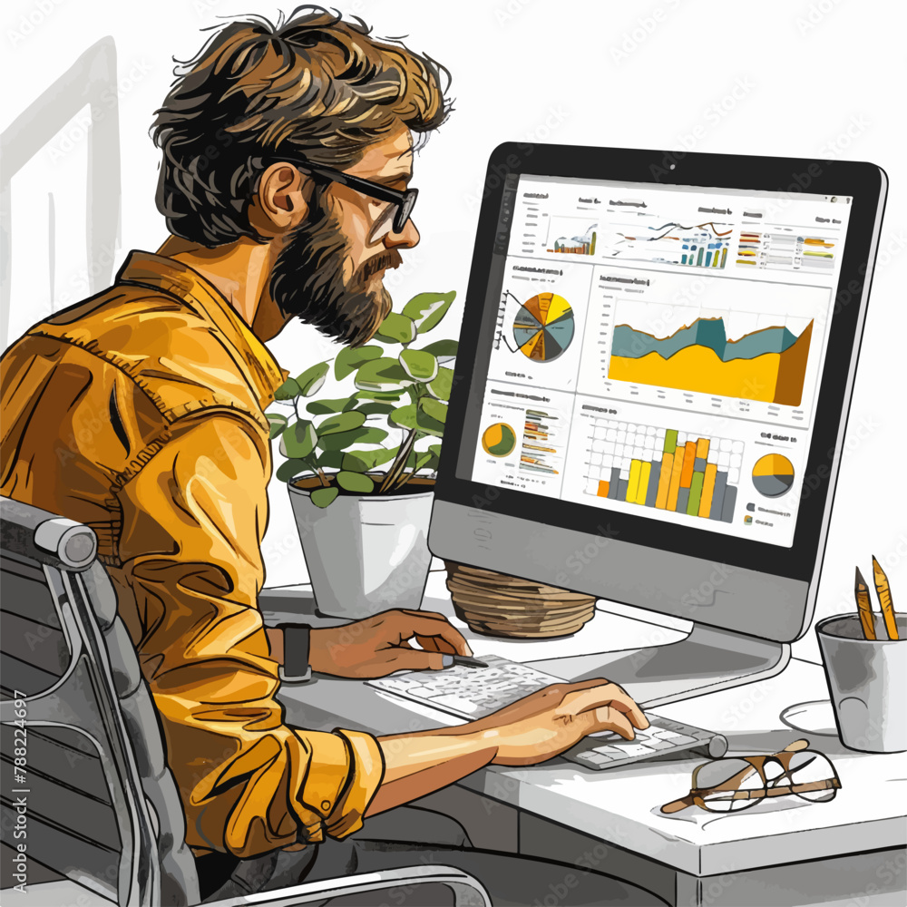 Fototapete illustration of a man working on computer with graphics and tables in vector