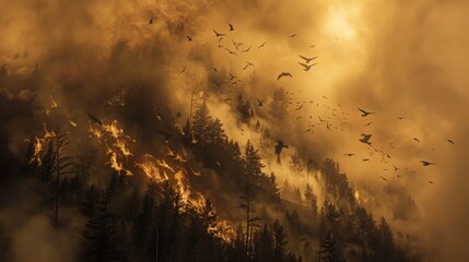 Silhouetted birds escape over a forest consumed by fire, smoky haze obscuring the sun Concept of environmental disaster and resilience