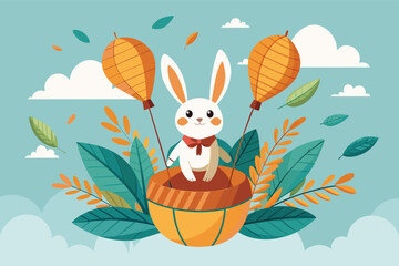 Bunny Riding a Hot Air Balloon Made of Leaves, Whimsical Illustration of Bunny Soaring in Leafy Balloon
