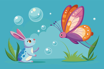 Butterfly Chasing Bubbles Blown by a Bunny, Playful Scene of Nature's Delight