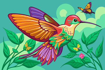 butterfly delicately perches on the back of the hummingbird, enjoying a whimsical ride through the air
