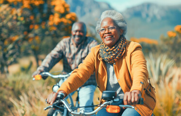Active senior couple enjoying nature outdoors riding bike. Mature couple on bike trail in forest. Concept of activity in nature for seniors with a mountain bike. 