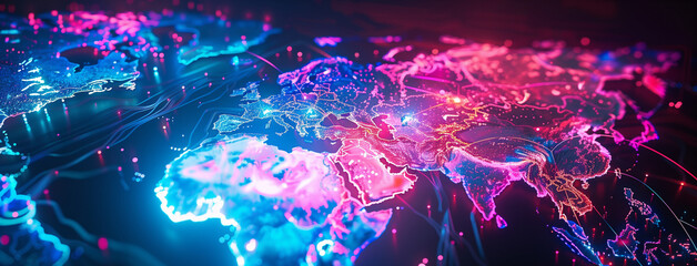World map made of glowing neon borders, global network and connectivity, Earth, world, planet, map,...