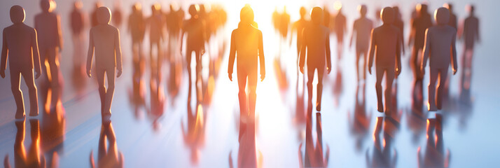 Aerial View Of Silhouette Group Of People Walking toward light 