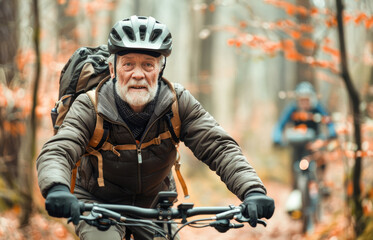 Active senior man enjoying nature outdoors riding bike. Mature man on bike trail in forest. Concept of activity in nature for seniors with a mountain bike.