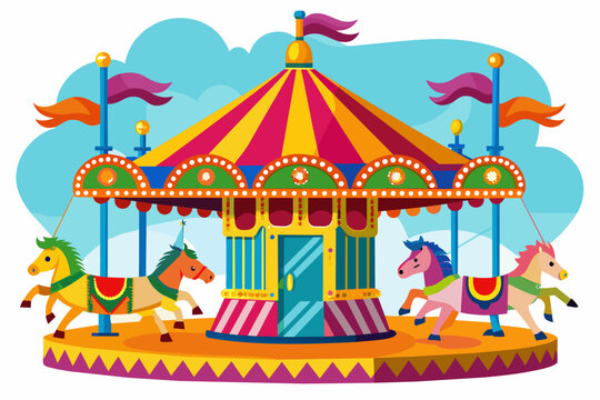 illustration of an antique carousel with intricately hand-carved, brightly colored horses in mid-gallop, surrounded by swirling patterns and stylized floral motifs, vibrant jewel tones