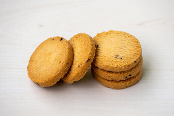 Delicious cookies on a wooden background. Sweet biscuits. 