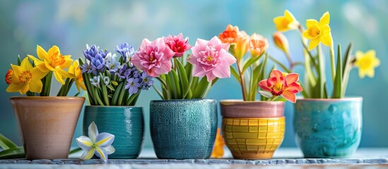 Spring flowers in bright ceramic pots