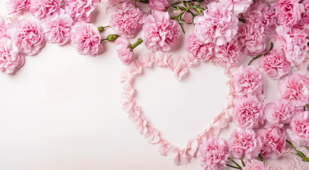 Carnation flowers on heart frame with copy space on pastel background.For posters, greeting card.