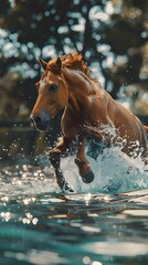 horse jumping into swimming pool
