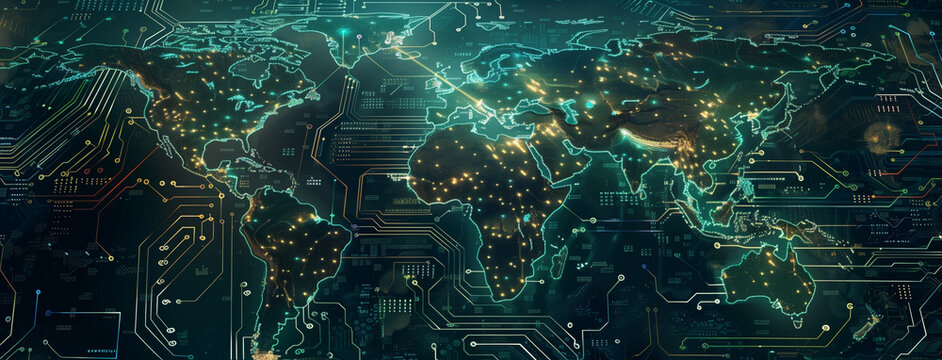 Global economic trend analysis Business growth and asset investment chart business and Finance, World map made of glowing neon, network and connectivity, data transfer and technology, Ai