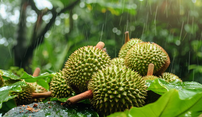 A durian is a tropical fruit that is large and has a spiky, hard outer shell. It is native to Southeast Asia and is known for its strong, pungent odor. The flesh of the durian is white and creamy and