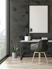 Mockup frame in modern home office interior background, 3d render