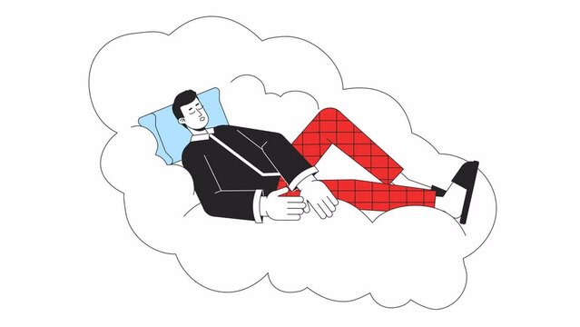Good night sleep line 2D animation. Mental health improvement. Young man sleeping on cloud 4K video motion graphic. Comfortable rest linear animated cartoon flat concept, white background