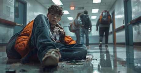 Boy is laying on the floor at the school hall after being bullied by older students. The boy looks sad, helpless and desperate