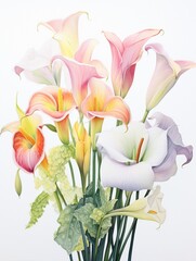 Blissful watercolor lily assortment, pastel snails, bright natural light 