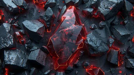 Glowing Amber Crystal Amidst Obsidian Rocks Radiating Warmth in Mysterious Enchanted Terrain