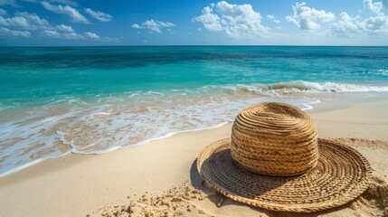 A straw hat on the beach next to a blue ocean, AI