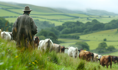 Portrait of  Farmer in his field caring for his herd of cows
