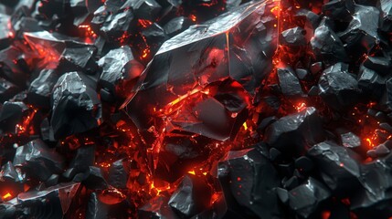 Glowing Amber Crystal Amidst Obsidian Rocks Radiating Warmth in Mysterious Enchanted Terrain