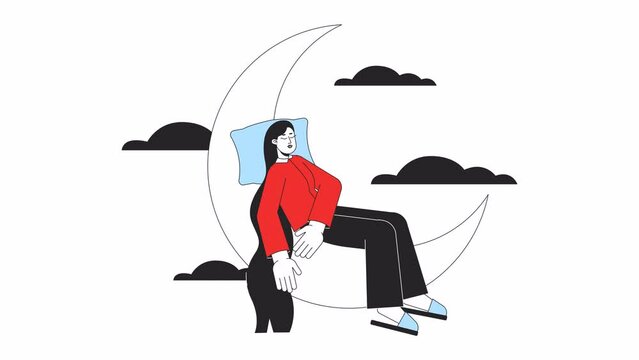 Relaxed woman sleeping on moon line 2D animation. Mental health care. Female napping in night sky 4K video motion graphic. Healthy sleep habit linear animated cartoon flat concept, white background