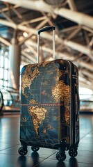 A suitcase with a global map design, symbolizing the interconnectedness of travel, in an airport...