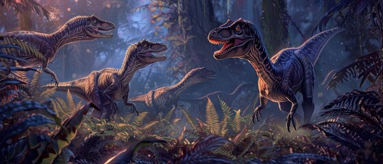 A pack of Velociraptors stealthily moving through a dense fern underbrush in twilight - obrazy, fototapety, plakaty