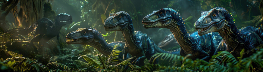 A pack of Velociraptors stealthily moving through a dense fern underbrush in twilight - obrazy, fototapety, plakaty