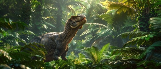 A Parasaurolophus calling out to its herd among a dense patch of giant ferns - obrazy, fototapety, plakaty
